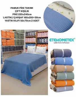 ETEHOMETEX ÇİFT KİŞİLİK %100 PAMUK HAVUZLU PİKE TAKIMI MAVİ 8696474232072